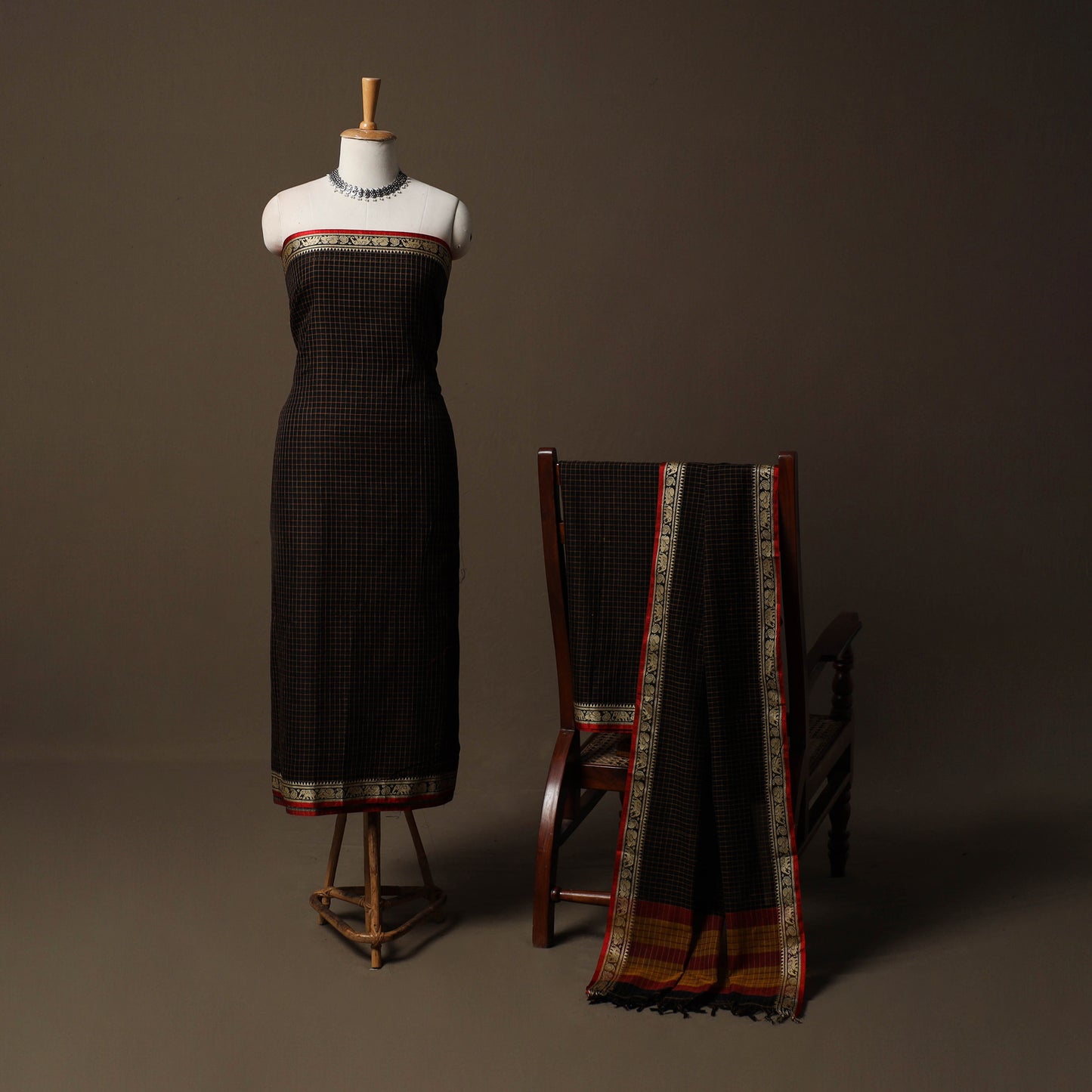 Dharwad Checks Mercerised Cotton 3pc Unstitched Dress Material Suit Set with Woven Border 92