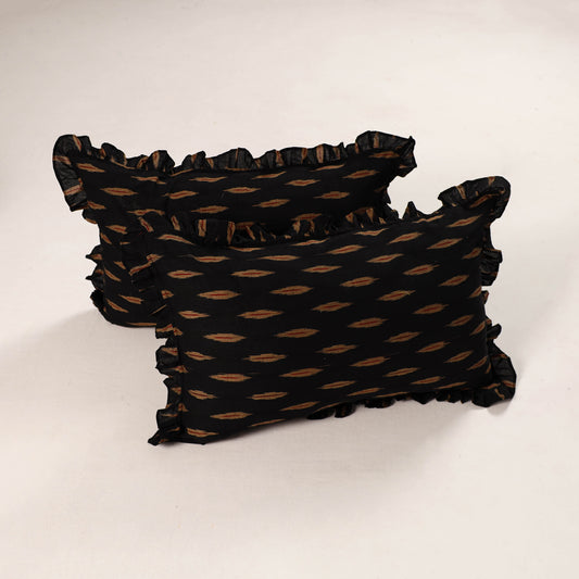 Black - Set of 2 Pochampally Ikat Cotton Frill Pillow Covers 47