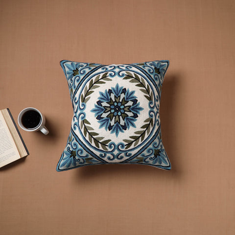 Blue - Kashmiri Crewel Hand Embroidery Cushion Cover (16 x 16 in) 01