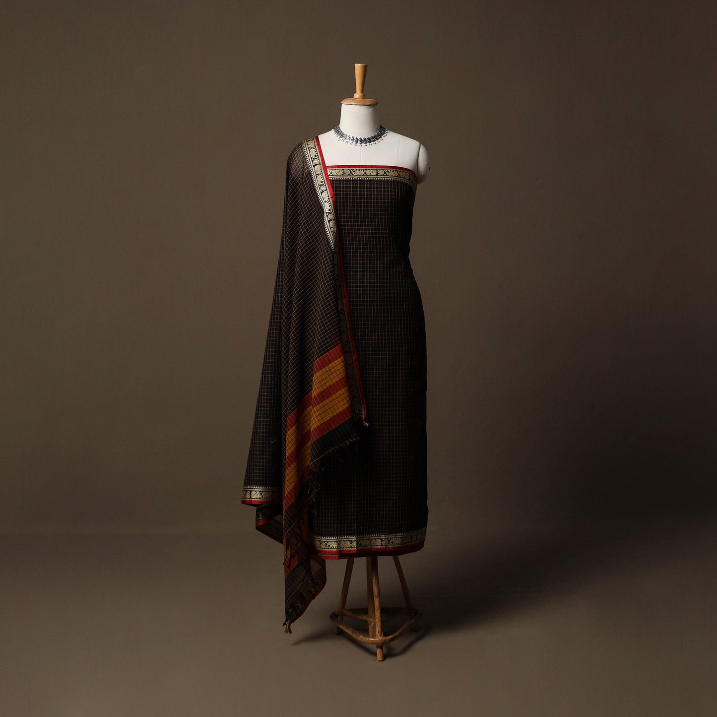 Dharwad Checks Mercerised Cotton 3pc Unstitched Dress Material Suit Set with Woven Border 92