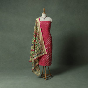 Kutch Bandhani Tie-Dye Cotton 2pc Unstitched Dress Material Kurta Set with Jewellery 23