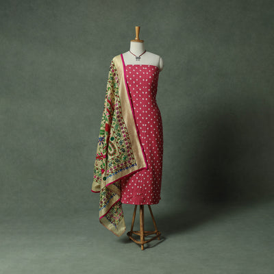 Kutch Bandhani Tie-Dye Cotton 2pc Unstitched Dress Material Kurta Set with Jewellery 23