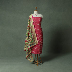 Kutch Bandhani Tie-Dye Cotton 2pc Unstitched Dress Material Kurta Set with Jewellery 23