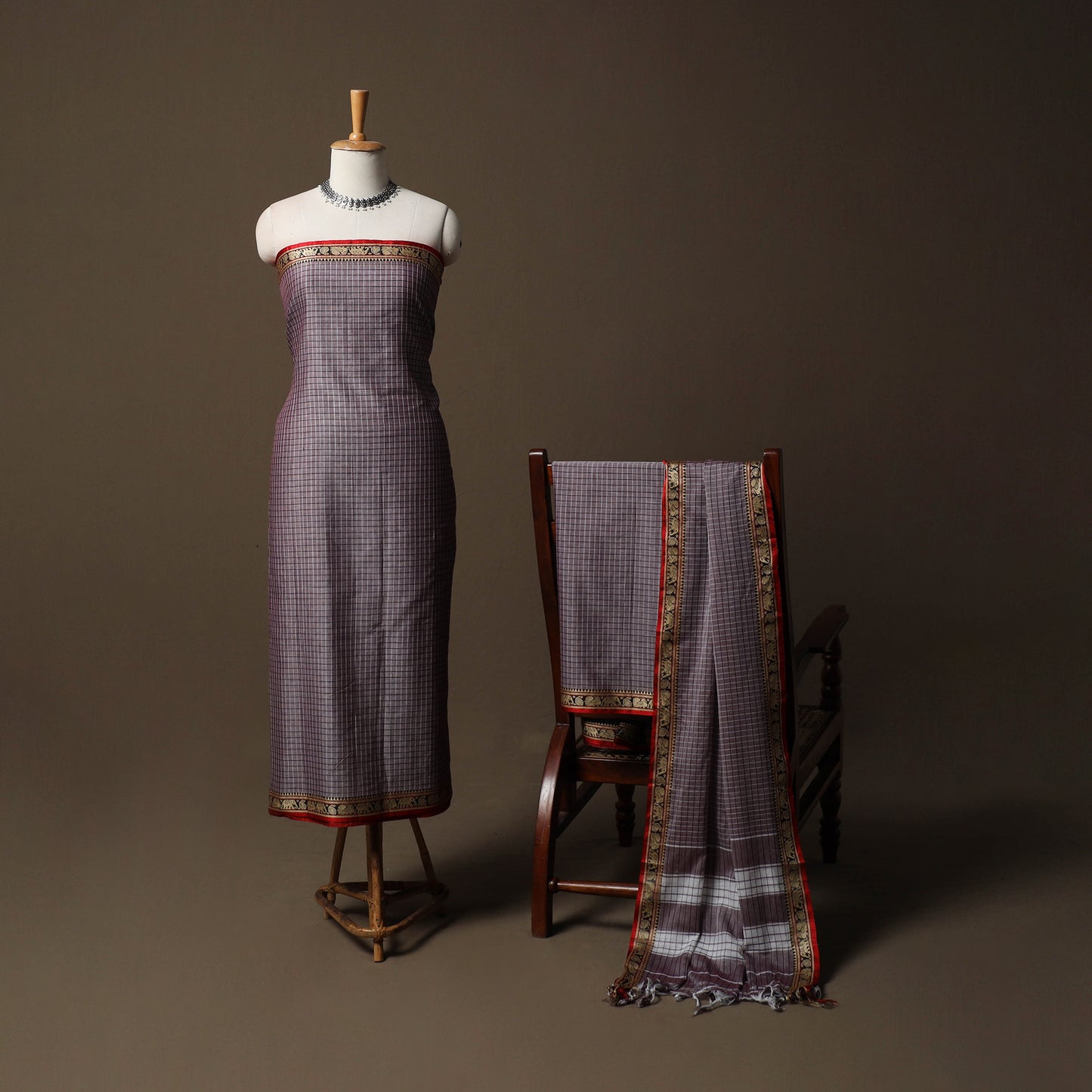 Dharwad Checks Mercerised Cotton 3pc Unstitched Dress Material Suit Set with Woven Border 93
