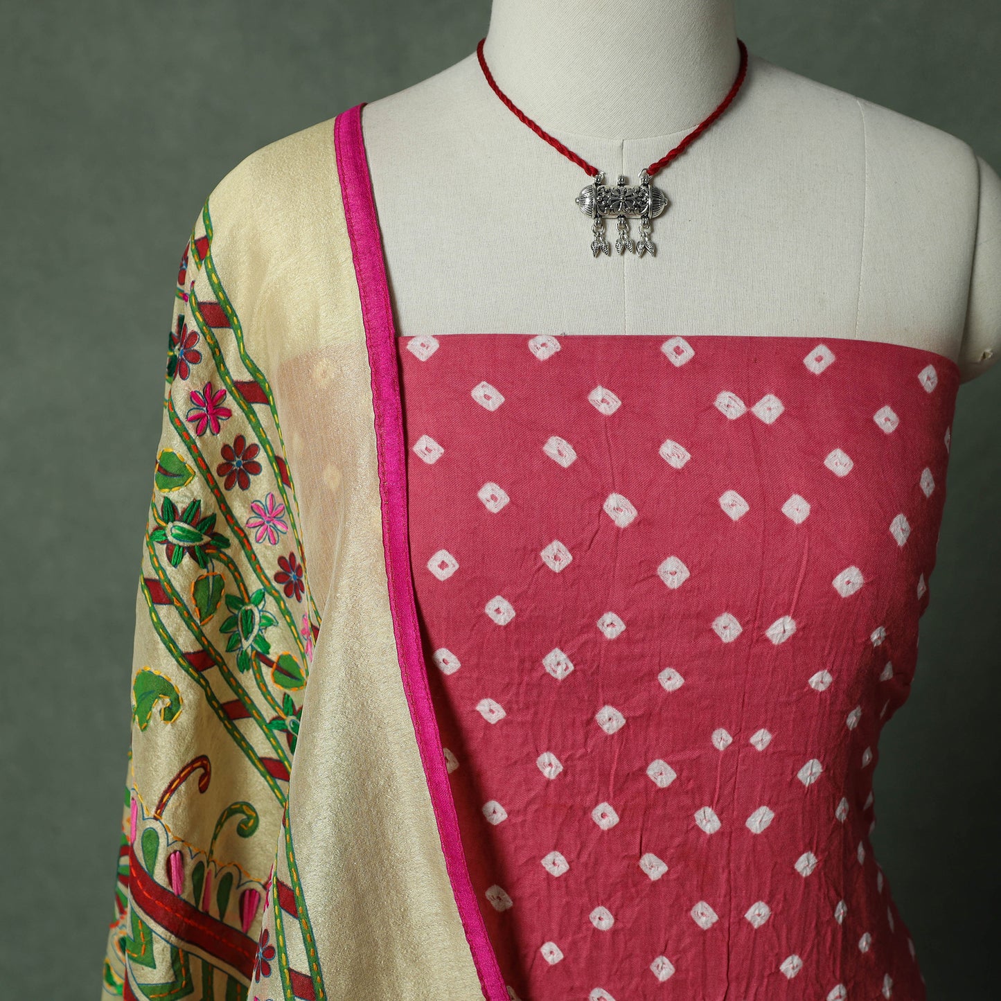 Kutch Bandhani Tie-Dye Cotton 2pc Unstitched Dress Material Kurta Set with Jewellery 23