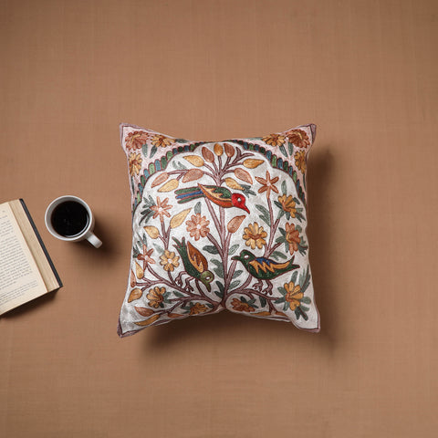 White - Kashmiri Crewel Hand Embroidery Cushion Cover (16 x 16 in) 03