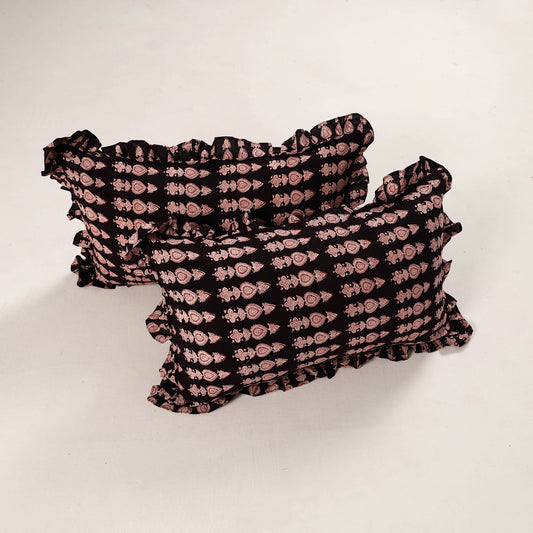 Black - Set of 2 Bagh Block Print Cotton Frill Pillow Covers 48