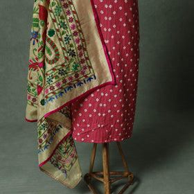 Kutch Bandhani Tie-Dye Cotton 2pc Unstitched Dress Material Kurta Set with Jewellery 23