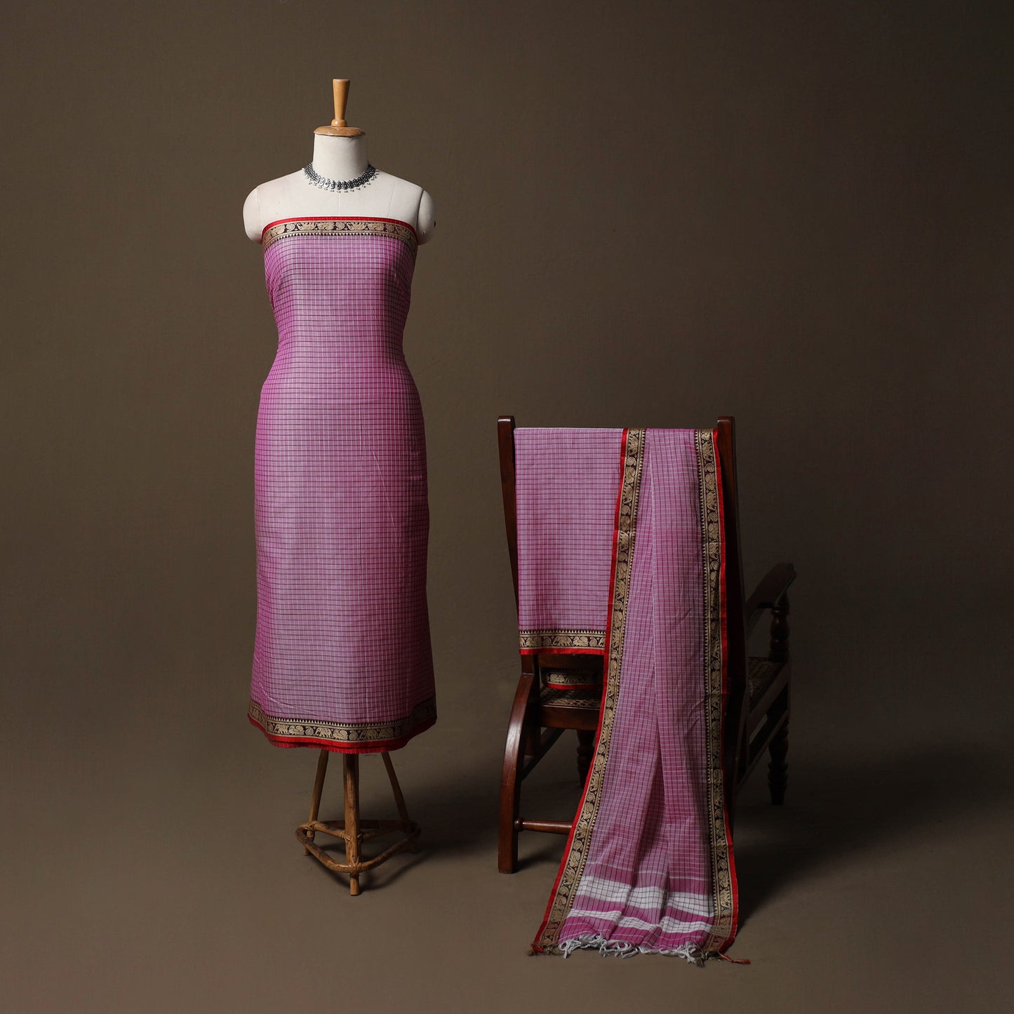 Dharwad Checks Mercerised Cotton 3pc Unstitched Dress Material Suit Set with Woven Border 94