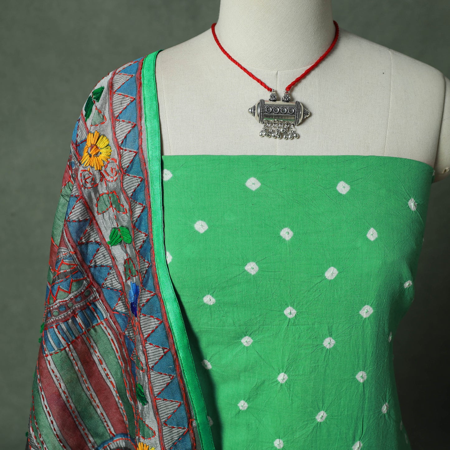 Kutch Bandhani Tie-Dye Pure Mul Cotton 2pc Unstitched Dress Material Kurta Set with Jewellery 24