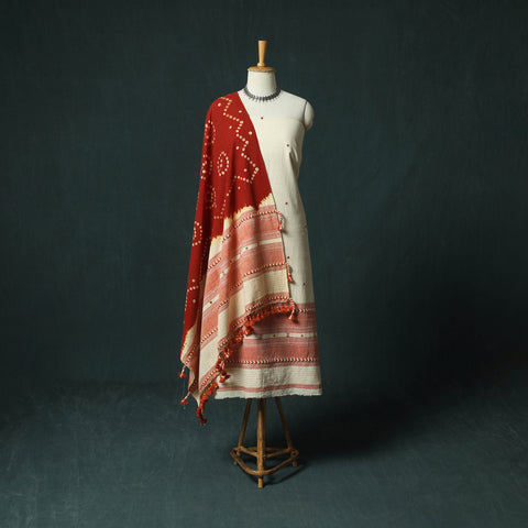 White - Kutch Bhujodi Handloom Kala Cotton Mirror Work 3pc Unstitched Dress Material Suit Set 01