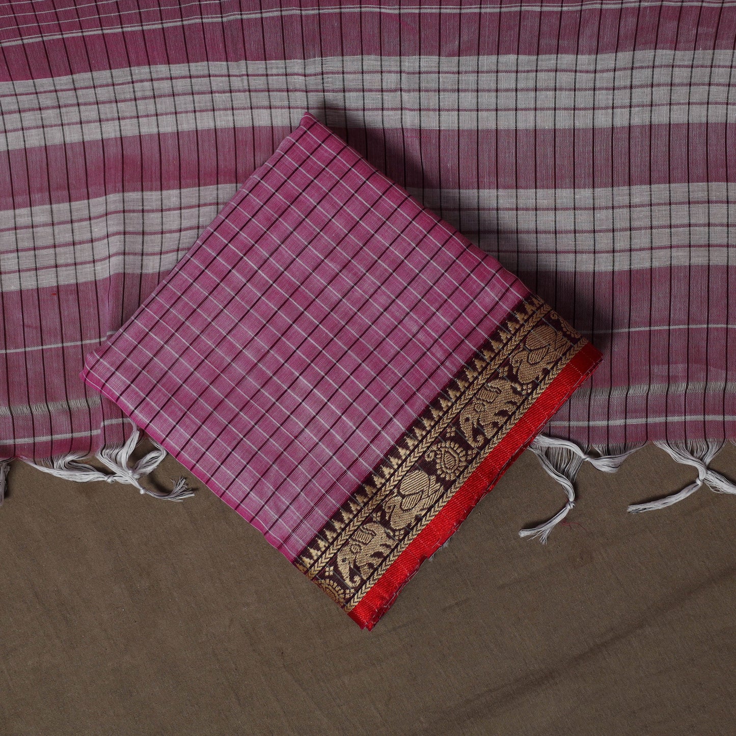 Dharwad Checks Mercerised Cotton 3pc Unstitched Dress Material Suit Set with Woven Border 94