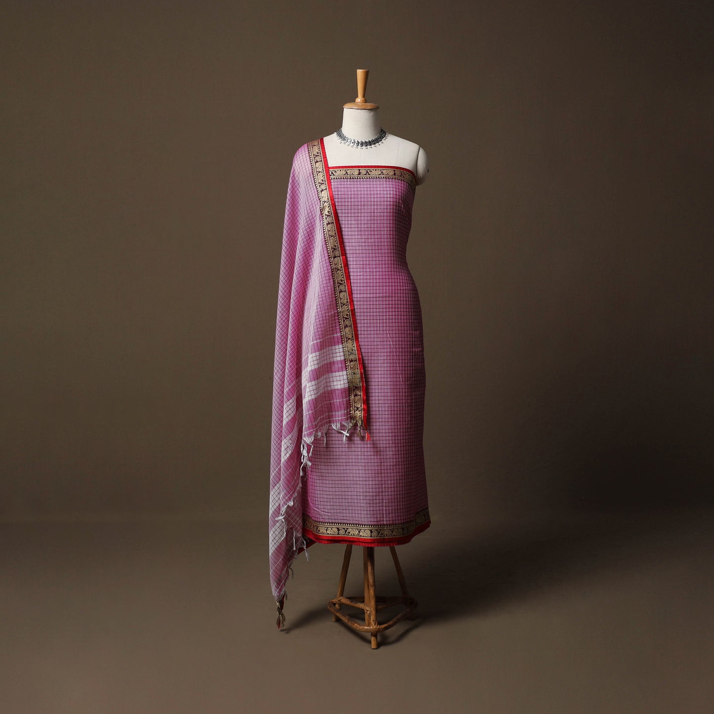 Dharwad Checks Mercerised Cotton 3pc Unstitched Dress Material Suit Set with Woven Border 94
