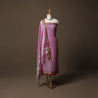 Dharwad Checks Mercerised Cotton 3pc Unstitched Dress Material Suit Set with Woven Border 94