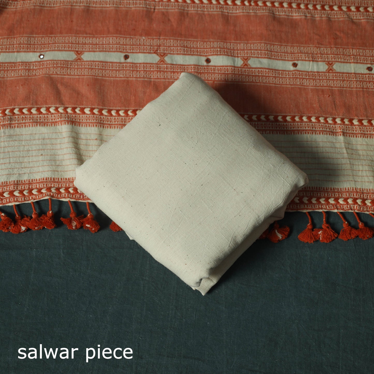 White - Kutch Bhujodi Handloom Kala Cotton Mirror Work 3pc Unstitched Dress Material Suit Set 01