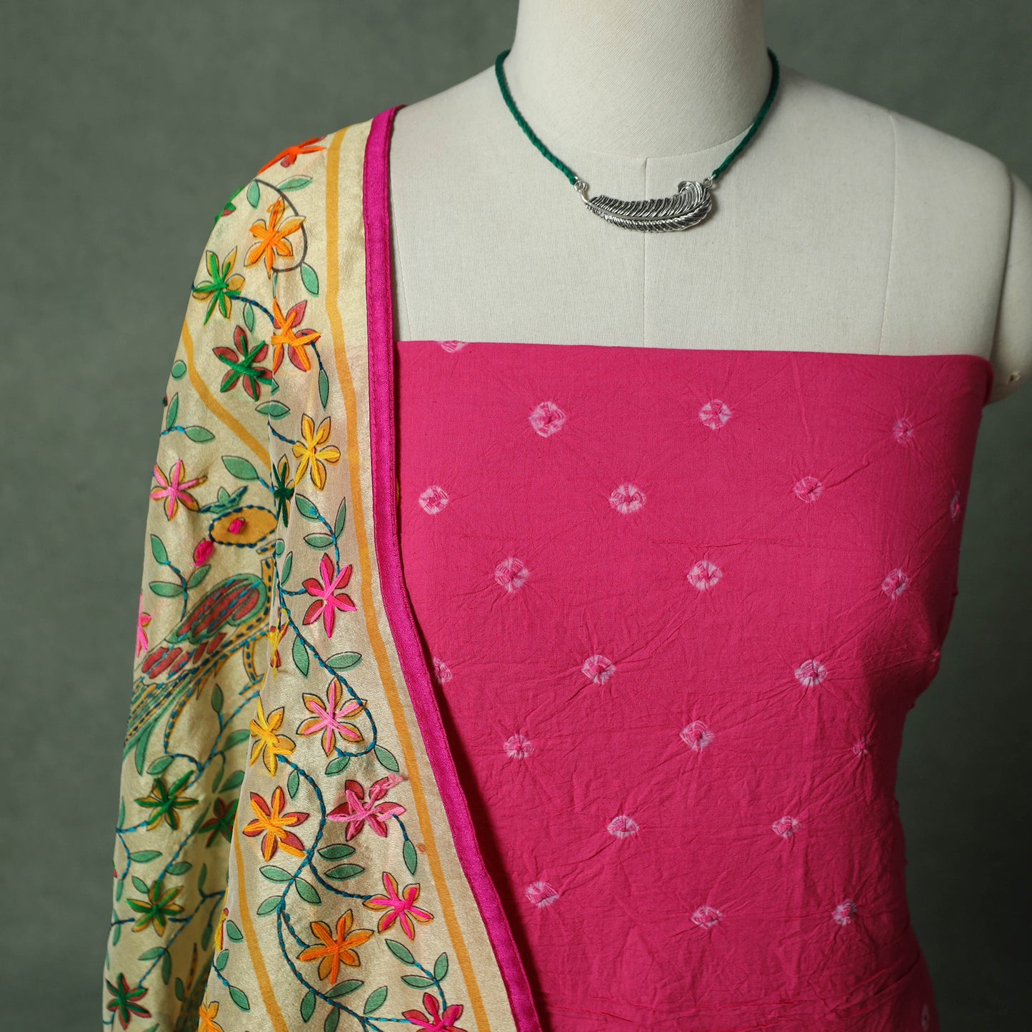 Kutch Bandhani Tie-Dye Pure Mul Cotton 2pc Unstitched Dress Material Kurta Set with Jewellery 25