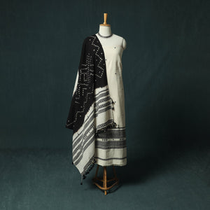White - Kutch Bhujodi Handloom Kala Cotton Mirror Work 3pc Unstitched Dress Material Suit Set 02