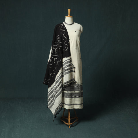 Kutch Bhujodi Handloom Kala Cotton Mirror Work 3pc Unstitched Dress Material Suit Set 02