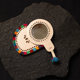 Beige Handcrafted Kutch Cutwork Leather Hand Mirror with Pouch