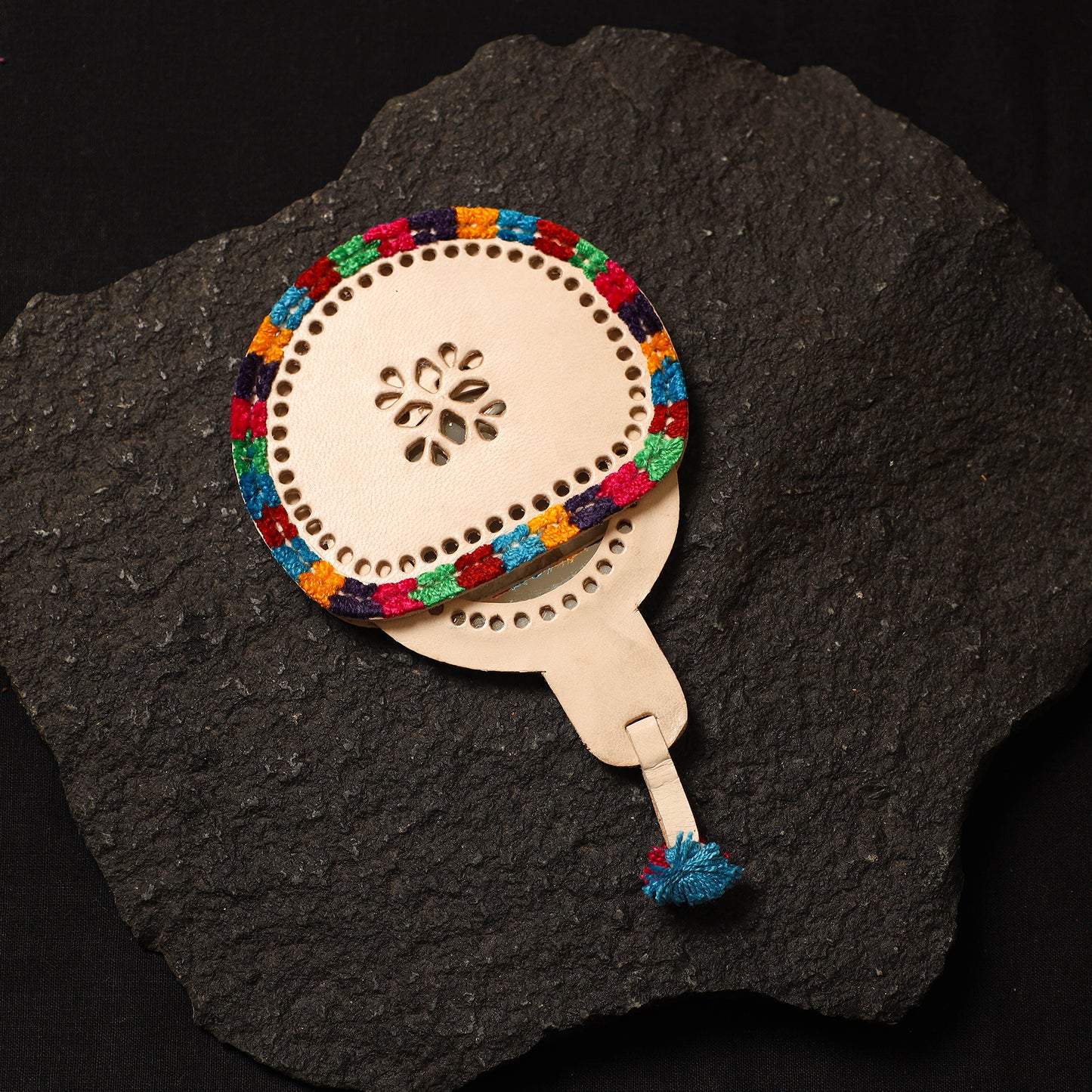 Beige Handcrafted Kutch Cutwork Leather Hand Mirror with Pouch