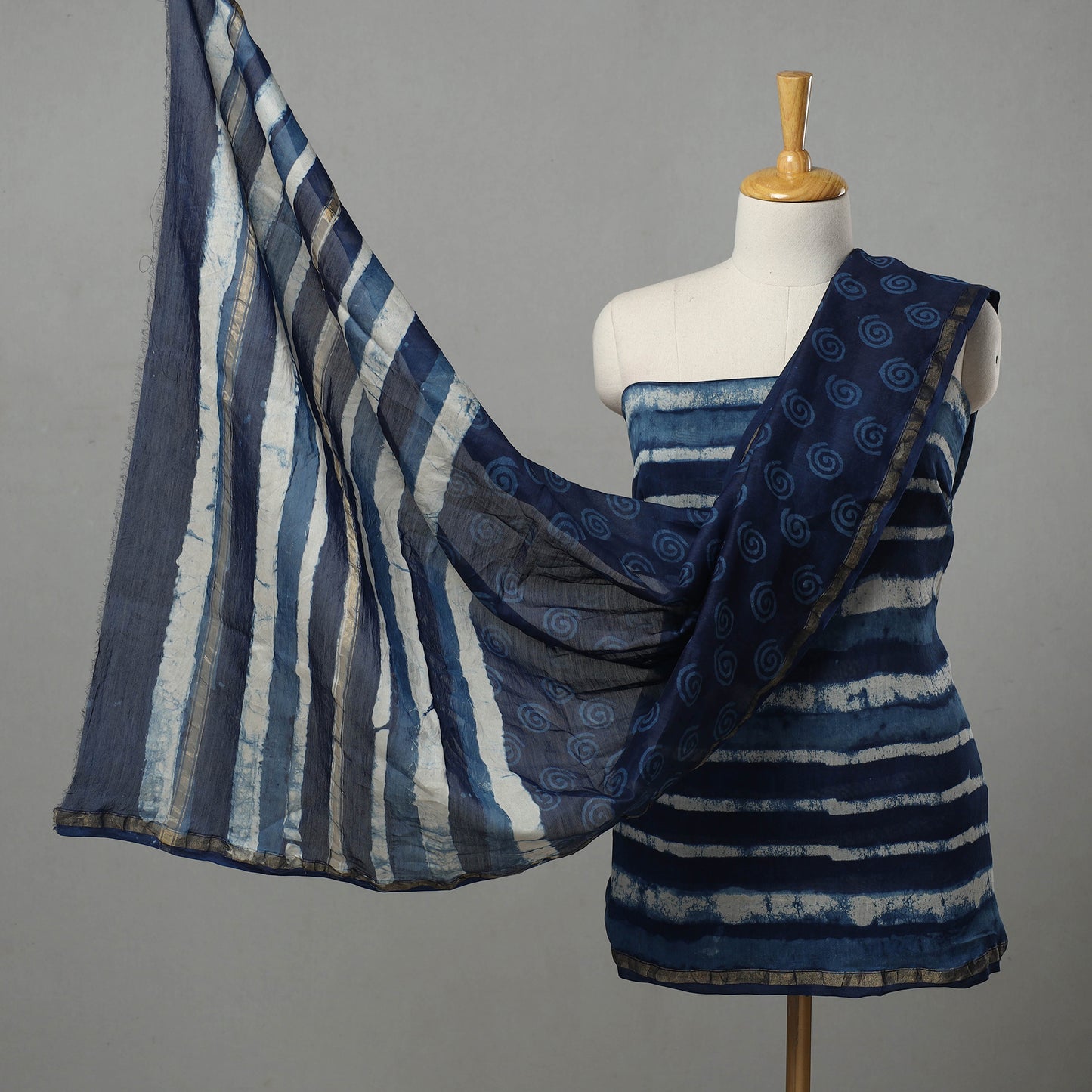 Blue - 3pc Chanderi Silk Indigo Bagru Print Dress Material 01