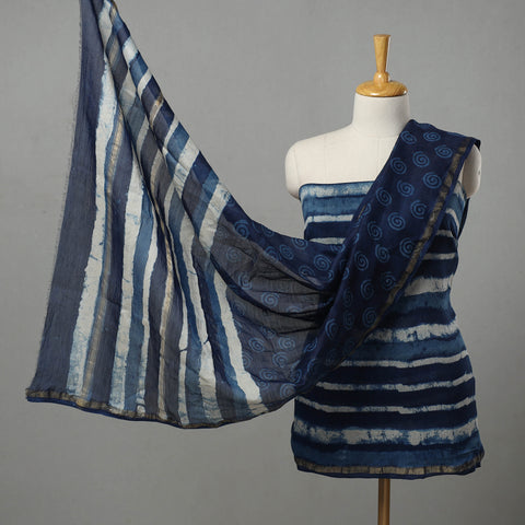 Blue - 3pc Chanderi Silk Indigo Bagru Print Dress Material 01