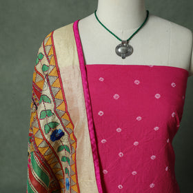 Kutch Bandhani Tie-Dye Pure Mul Cotton 2pc Unstitched Dress Material Kurta Set with Jewellery 26