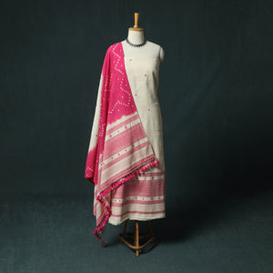 White - Kutch Bhujodi Handloom Kala Cotton Mirror Work 3pc Unstitched Dress Material Suit Set 03