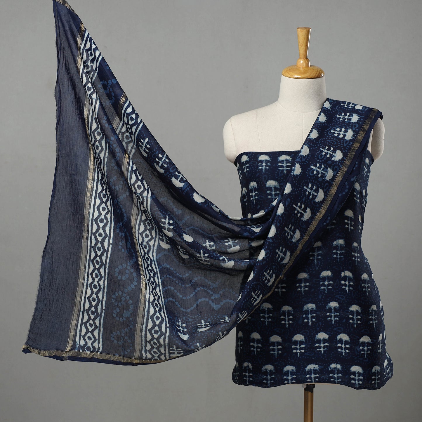 Blue - 3pc Chanderi Silk Indigo Bagru Print Dress Material 03