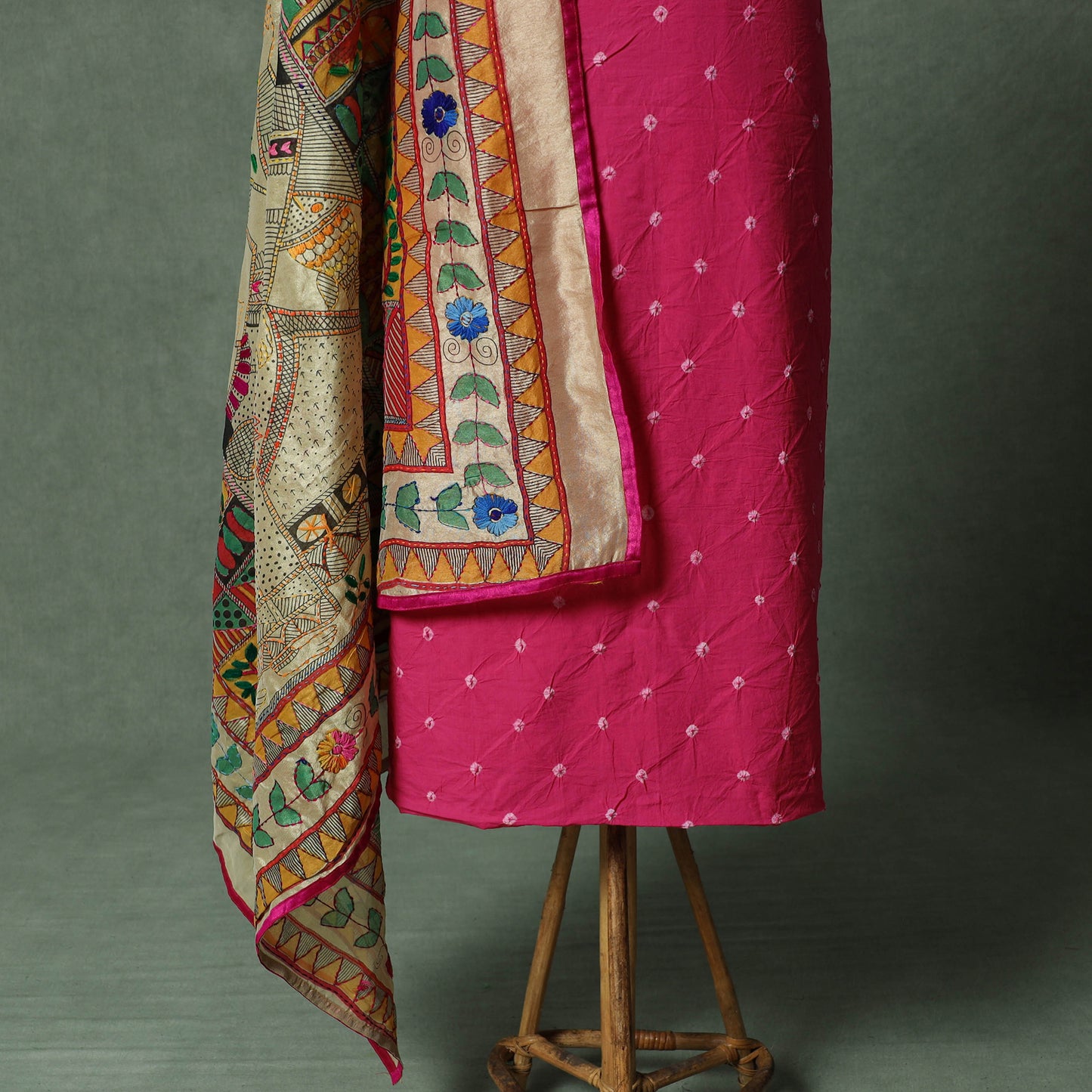 Kutch Bandhani Tie-Dye Pure Mul Cotton 2pc Unstitched Dress Material Kurta Set with Jewellery 26
