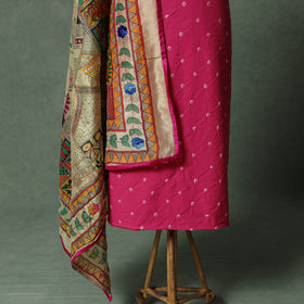 Kutch Bandhani Tie-Dye Pure Mul Cotton 2pc Unstitched Dress Material Kurta Set with Jewellery 26