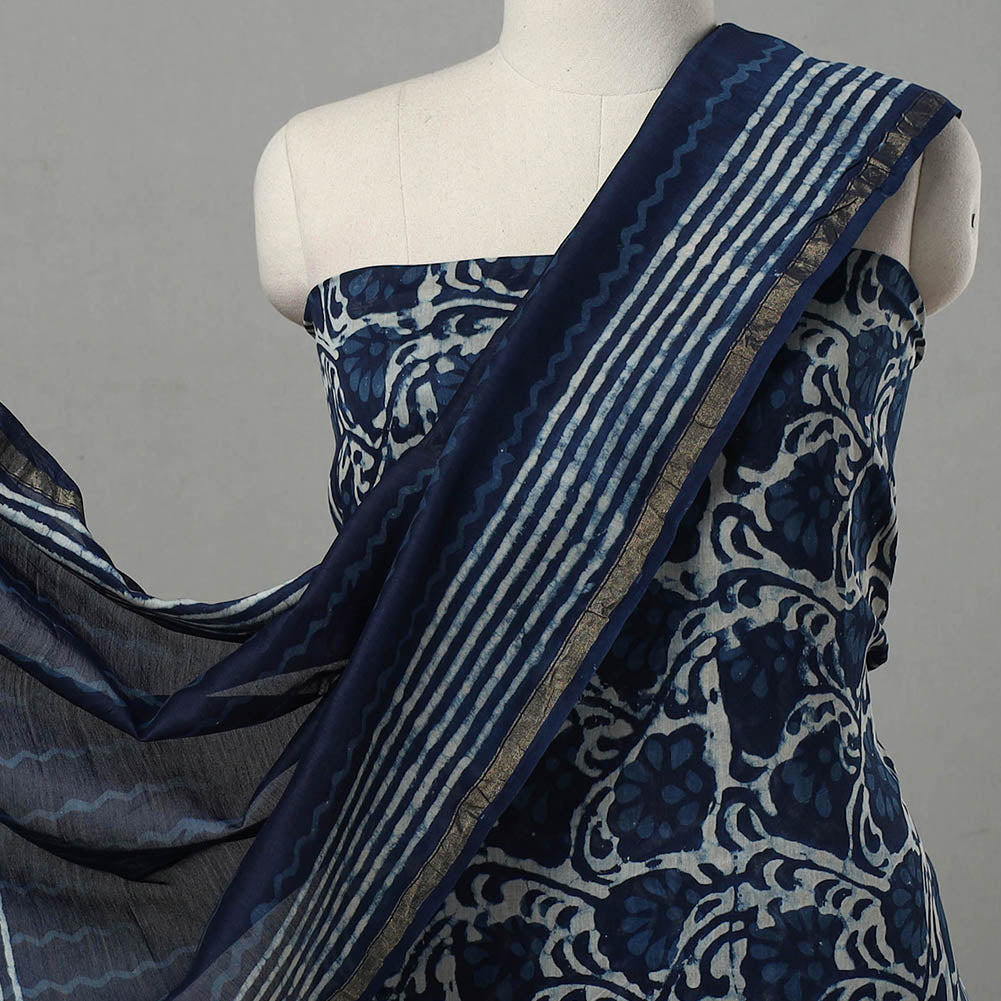 Blue - 3pc Chanderi Silk Indigo Bagru Print Dress Material 04