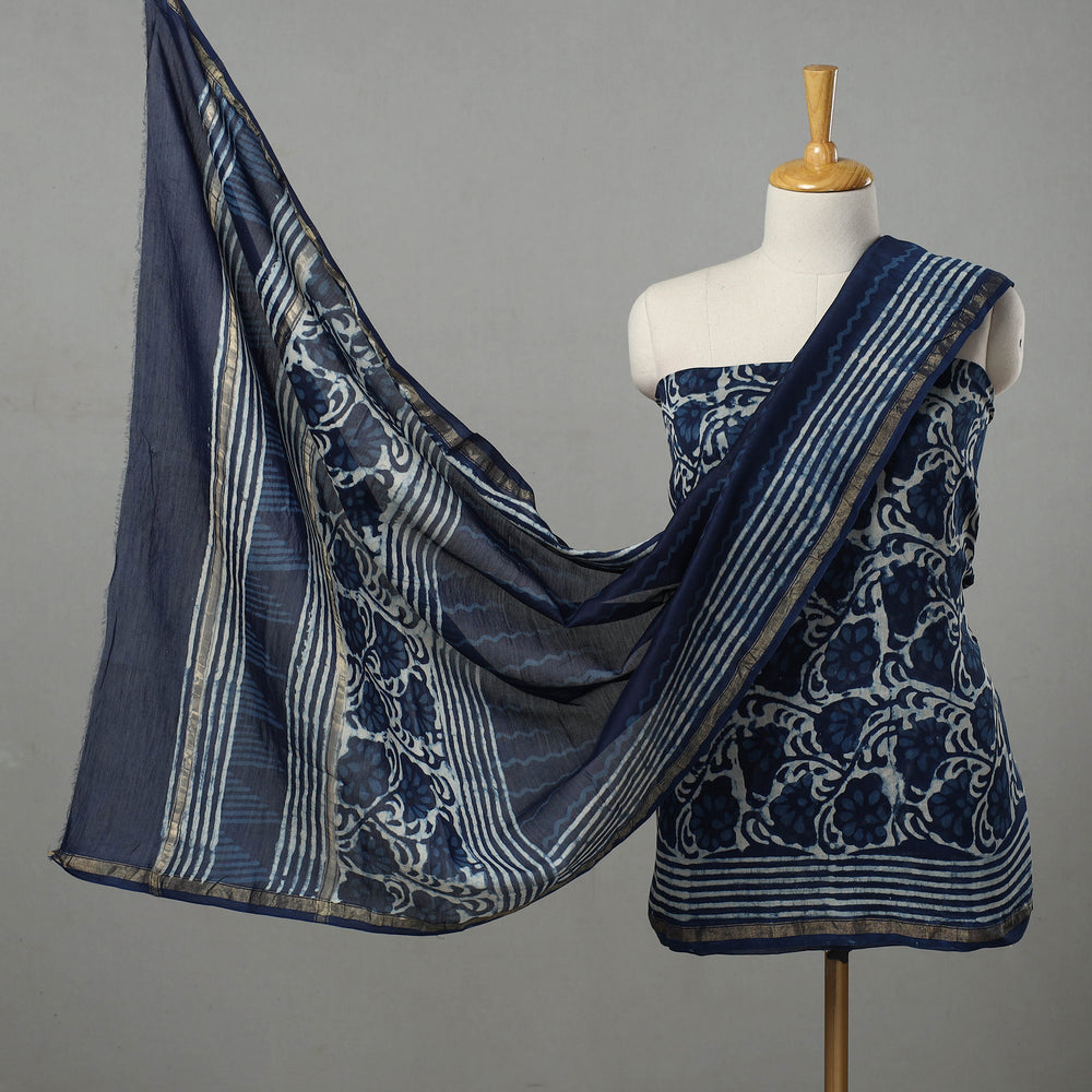 Blue - 3pc Chanderi Silk Indigo Bagru Print Dress Material 04