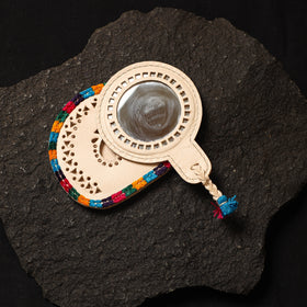 Beige Handcrafted Kutch Cutwork Leather Hand Mirror with Pouch