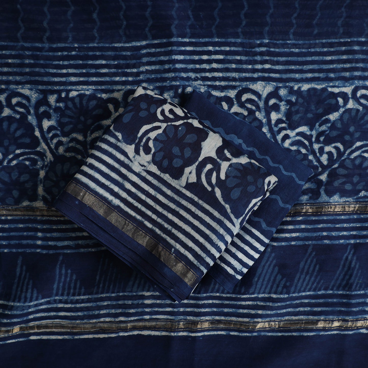 Blue - 3pc Chanderi Silk Indigo Bagru Print Dress Material 04