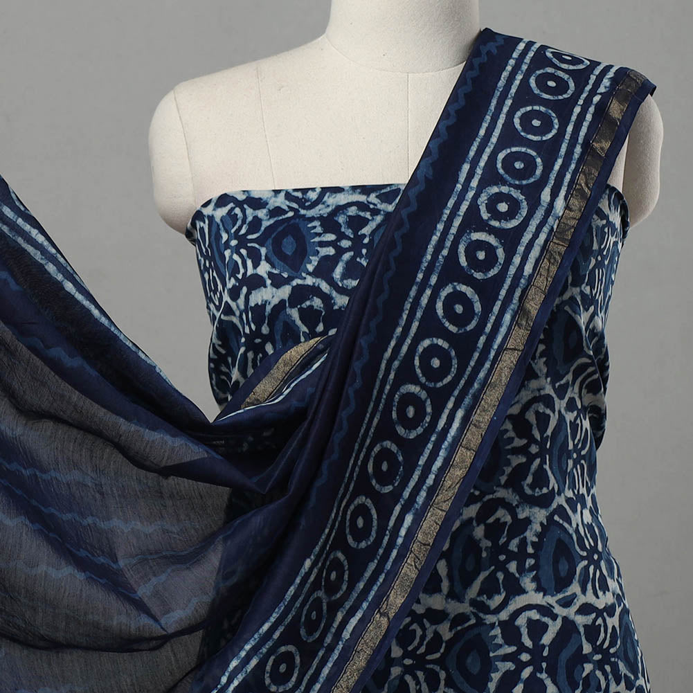 Blue - 3pc Chanderi Silk Indigo Bagru Print Dress Material 05