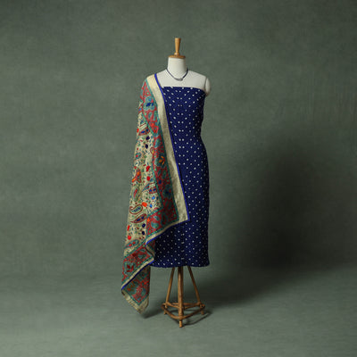 Kutch Bandhani Tie-Dye Cotton 2pc Unstitched Dress Material Kurta Set with Jewellery 27