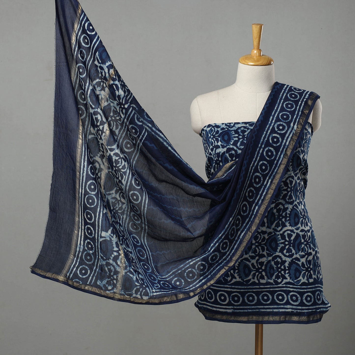 Blue - 3pc Chanderi Silk Indigo Bagru Print Dress Material 05