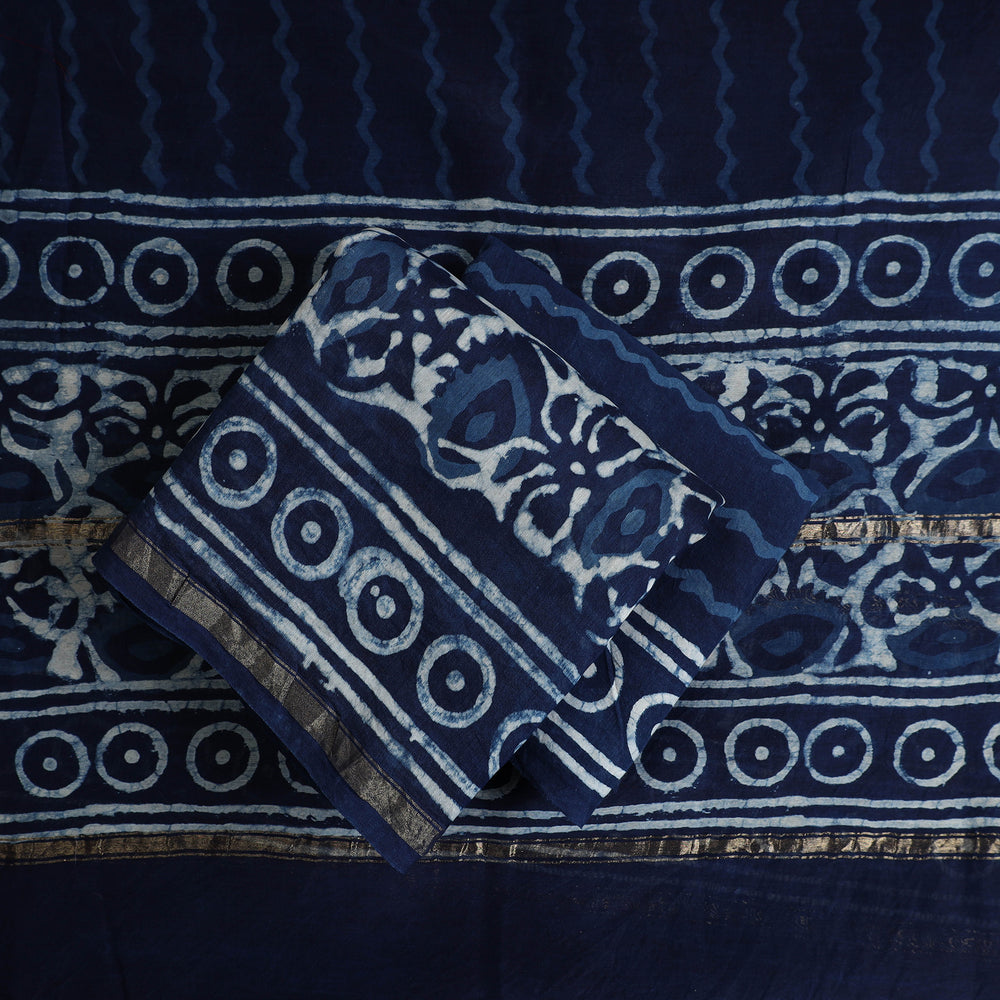 Blue - 3pc Chanderi Silk Indigo Bagru Print Dress Material 05