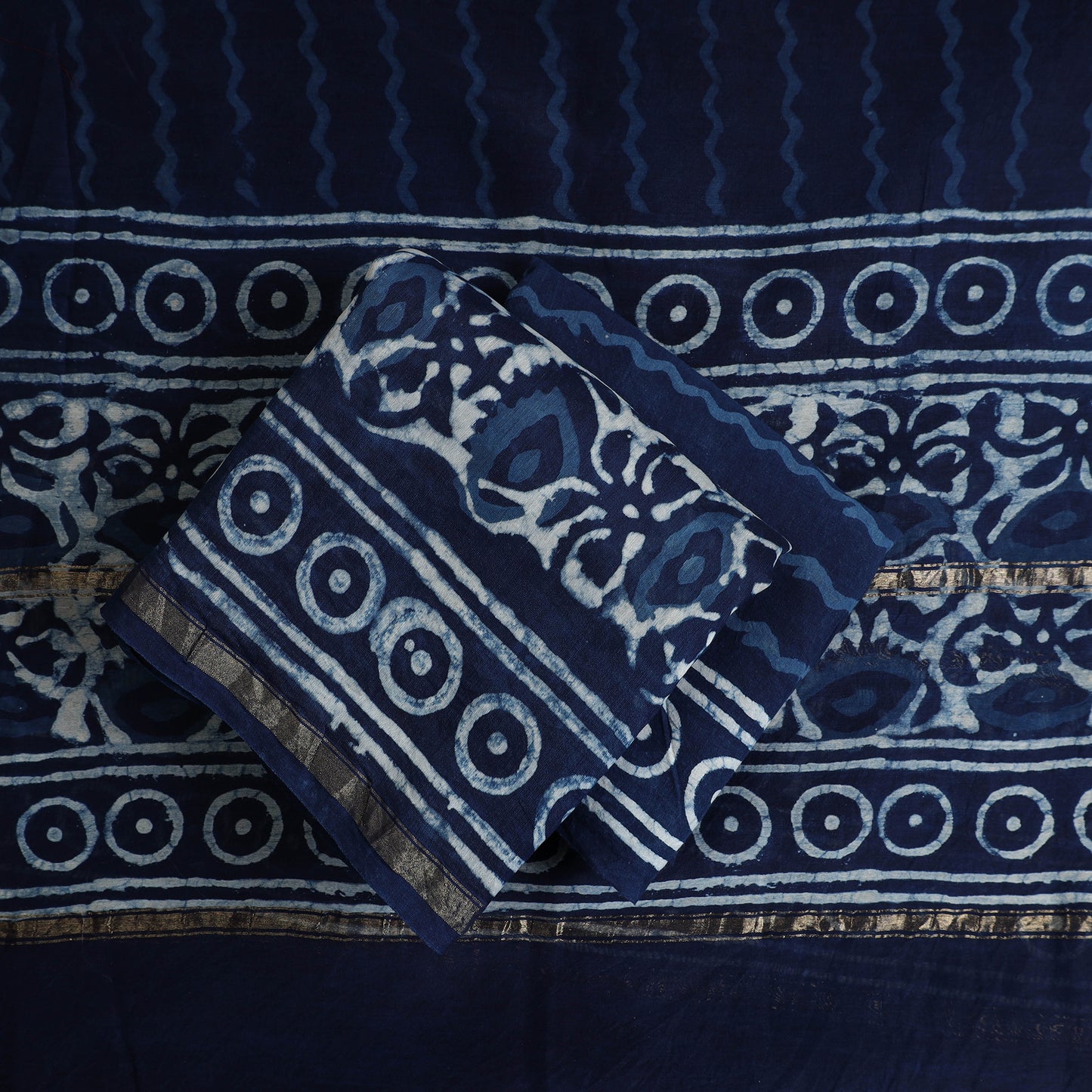 Blue - 3pc Chanderi Silk Indigo Bagru Print Dress Material 05