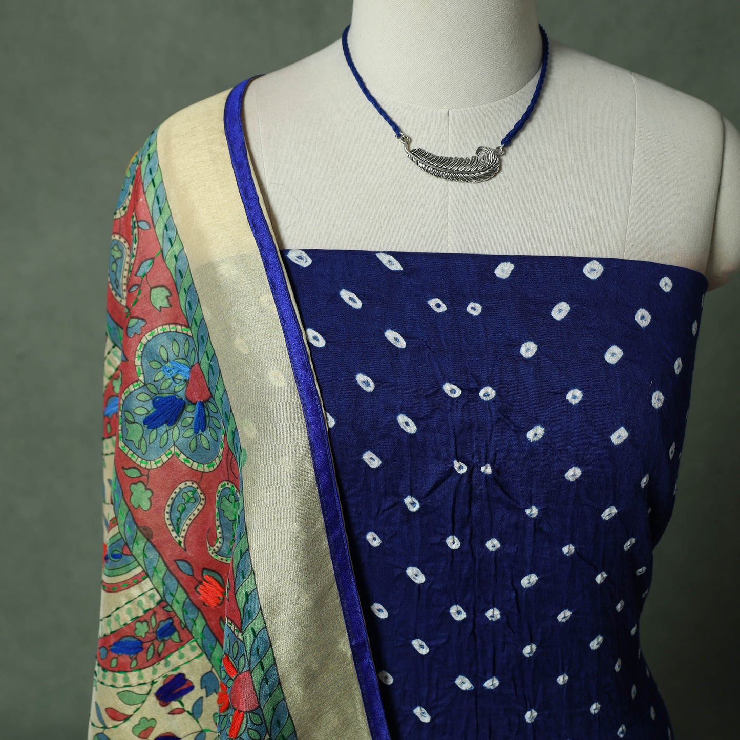 Kutch Bandhani Tie-Dye Cotton 2pc Unstitched Dress Material Kurta Set with Jewellery 27