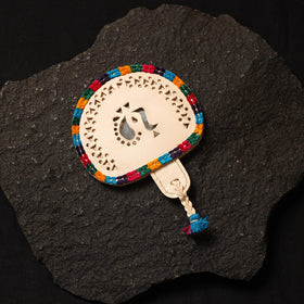 Beige Handcrafted Kutch Cutwork Leather Hand Mirror with Pouch