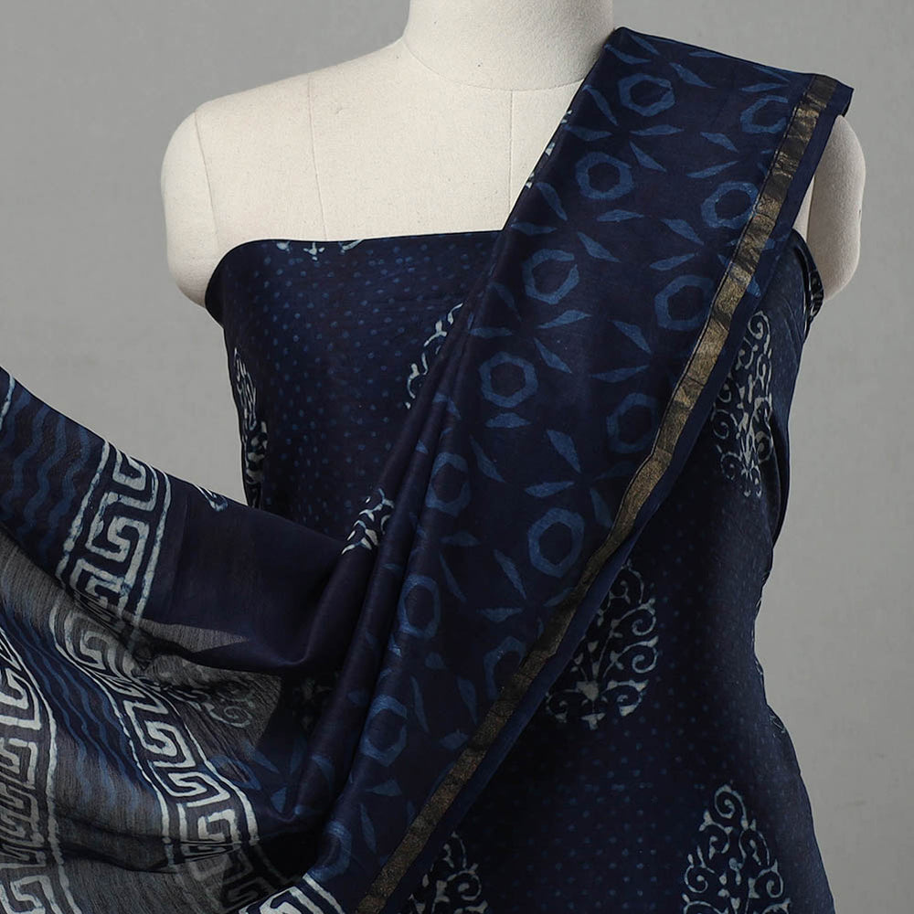 Blue - 3pc Chanderi Silk Indigo Bagru Print Dress Material 06