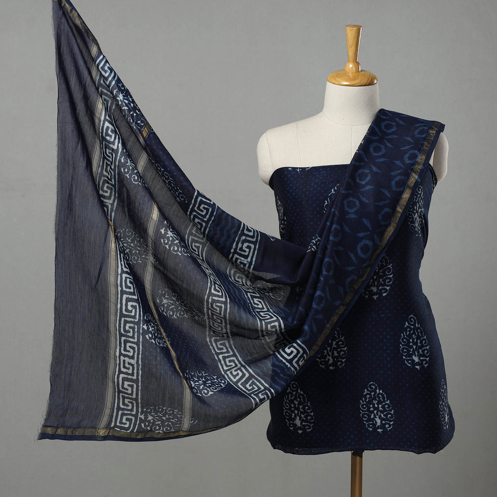 Blue - 3pc Chanderi Silk Indigo Bagru Print Dress Material 06