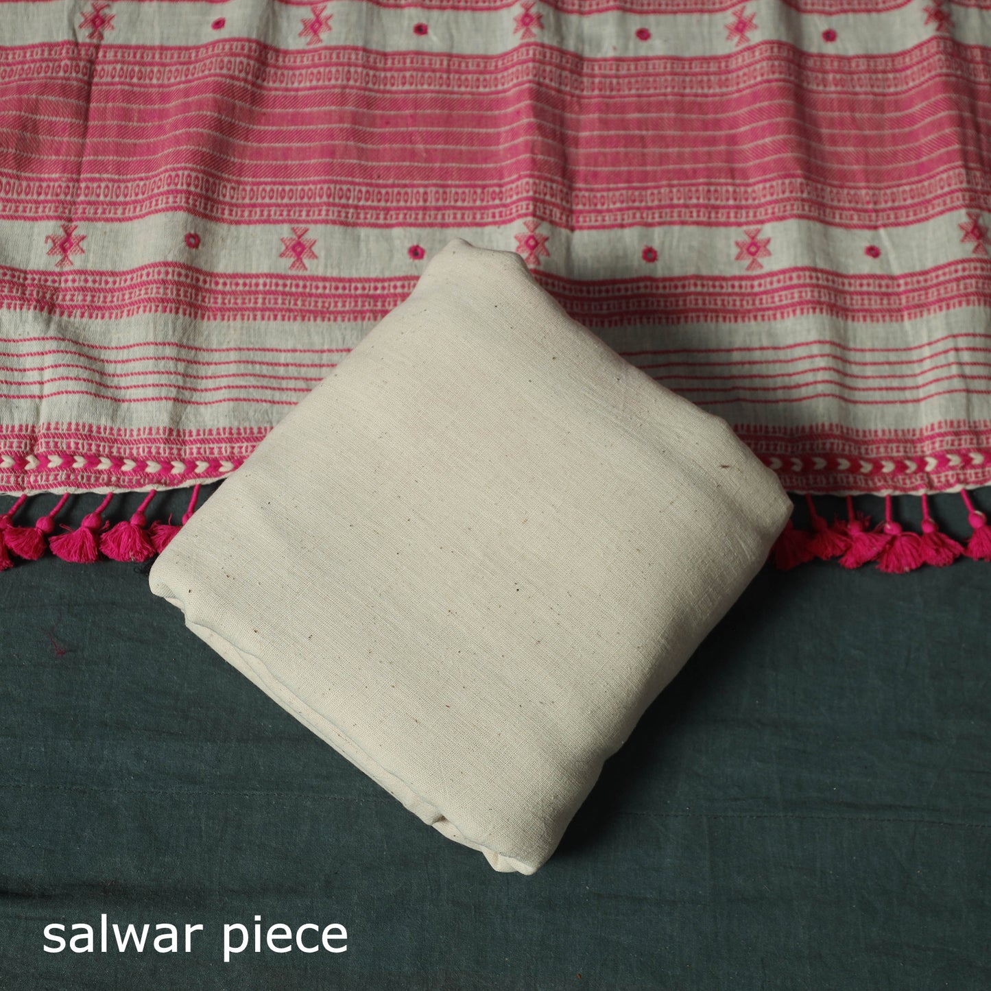 White - Kutch Bhujodi Handloom Kala Cotton Mirror Work 3pc Unstitched Dress Material Suit Set 03