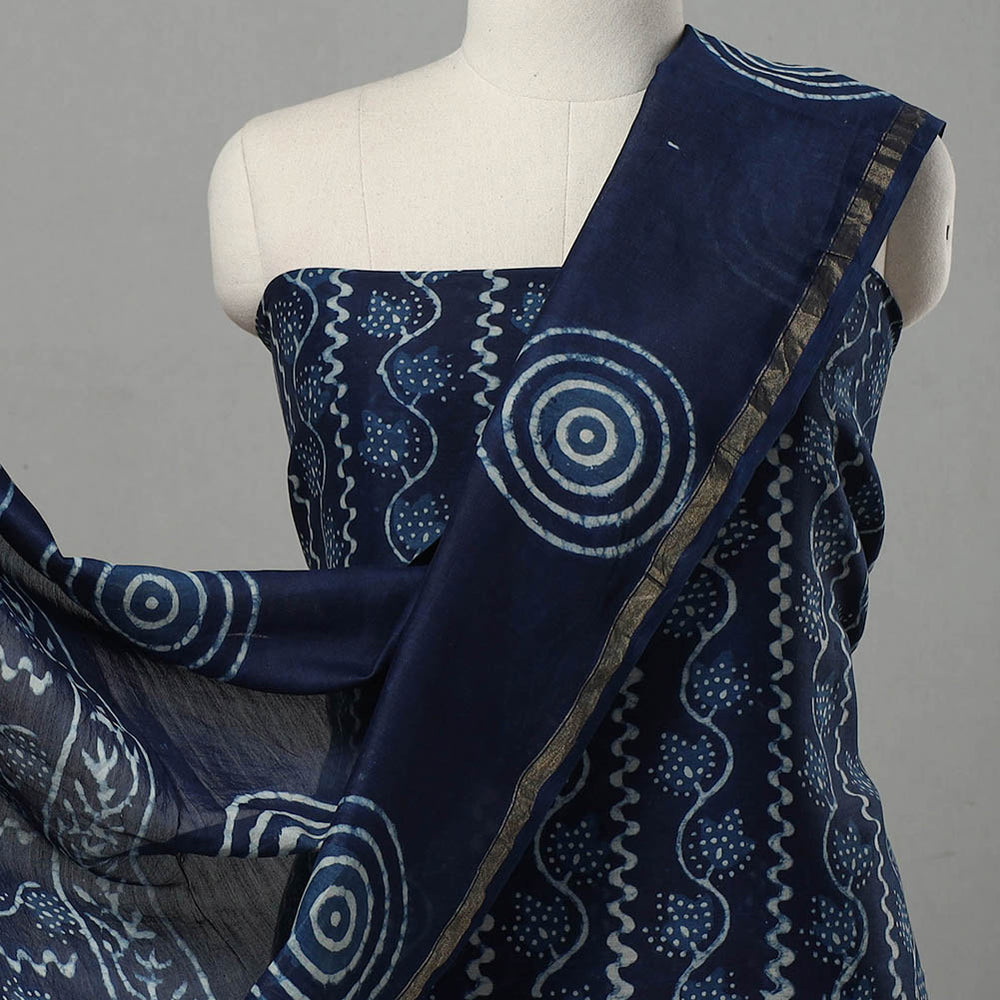 3pc Chanderi Silk Indigo Bagru Print Dress Material 07