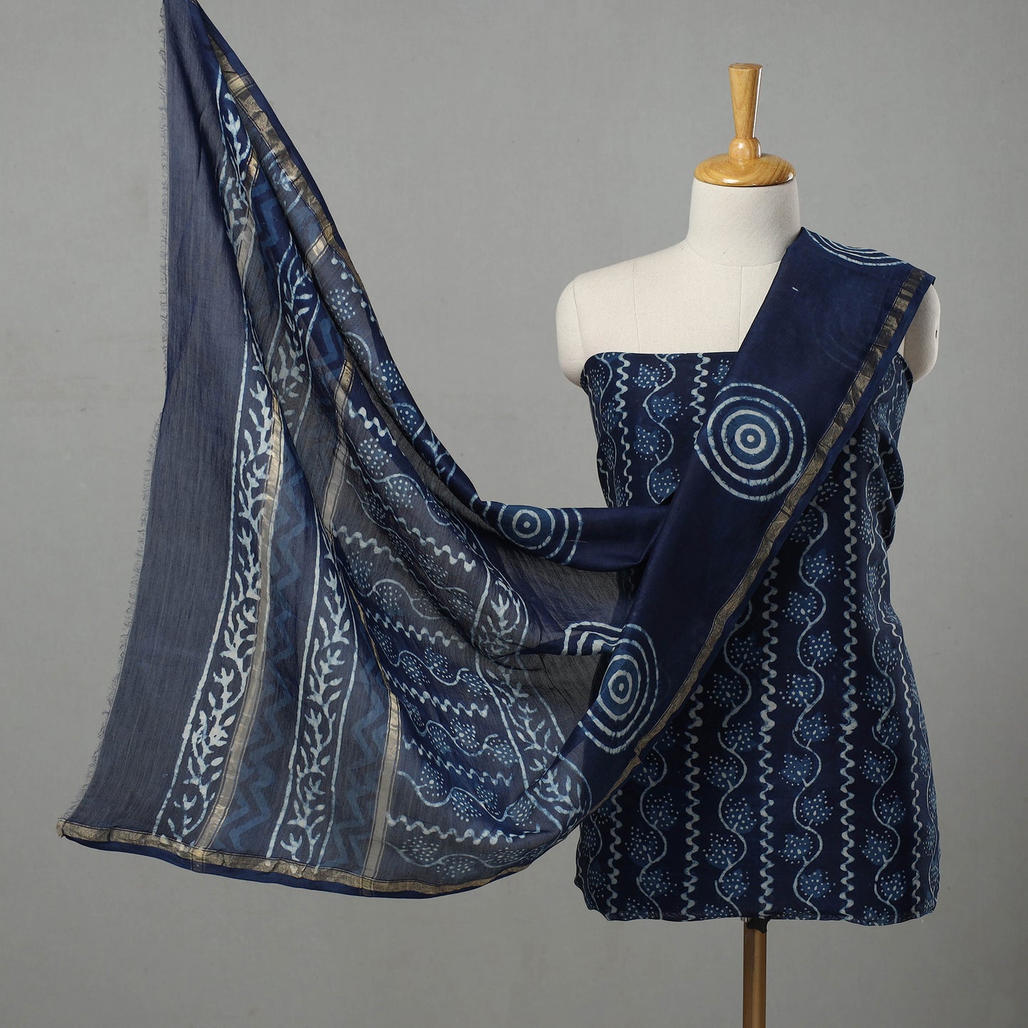 3pc Chanderi Silk Indigo Bagru Print Dress Material 07