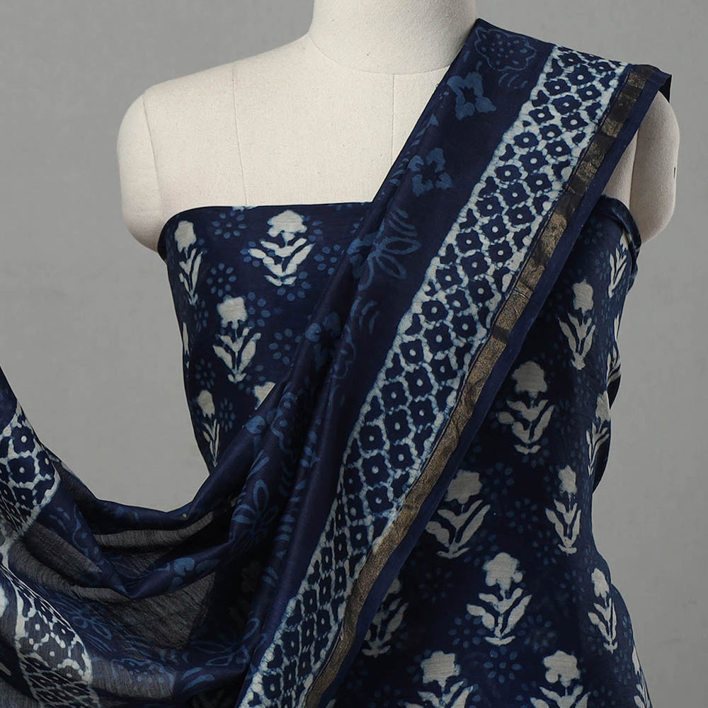 Blue - 3pc Chanderi Silk Indigo Bagru Print Dress Material 08