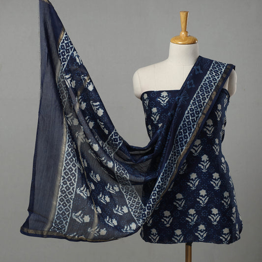 Blue - 3pc Chanderi Silk Indigo Bagru Print Dress Material 08