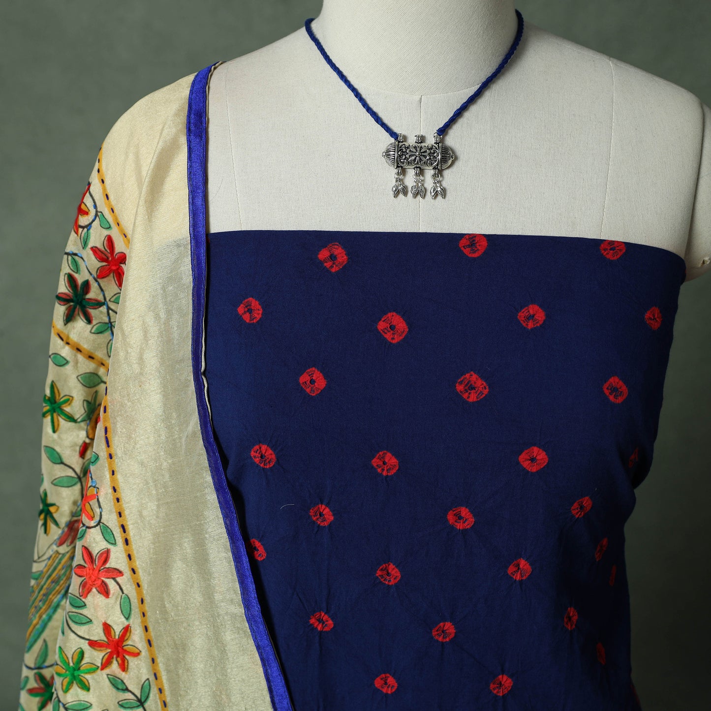 Kutch Bandhani Tie-Dye Cotton 2pc Unstitched Dress Material Kurta Set with Jewellery 28
